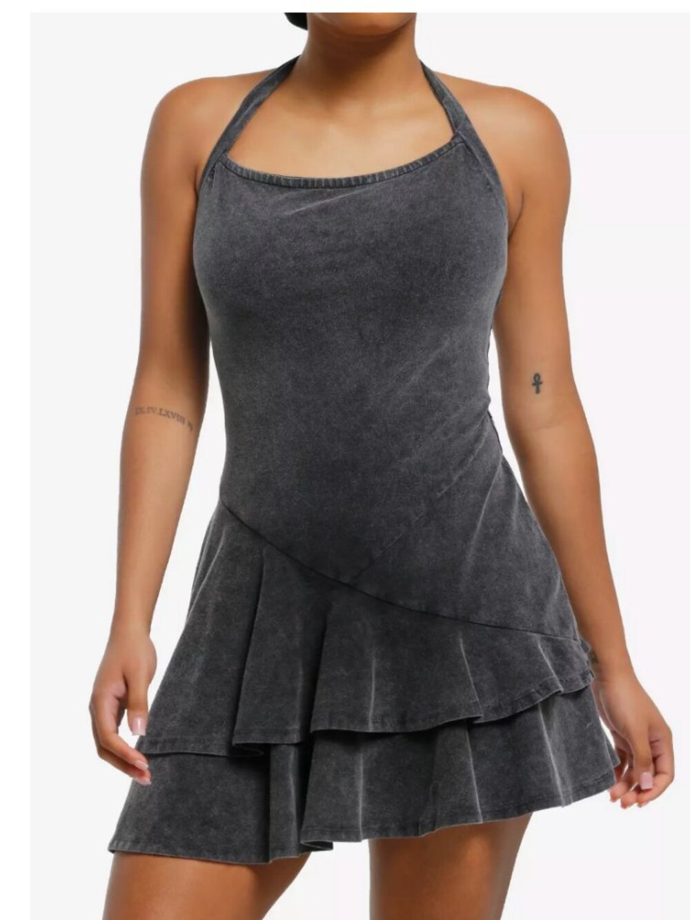 Hot Topic Gray Mineral Wash Halter Ruffle Mini Dress Large Boho Y2K